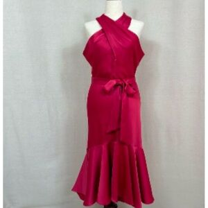 NWT Size 8 Raspberry Taylor Satin Ruffle Crisscross Halter Neck Long Dress